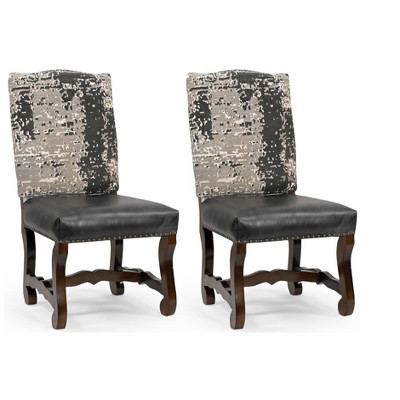 HomeRoots Set of Two Black Gray And Dark Brown Solid Wood Upholstered Chenille And Leather Dining Side Chairs | Target