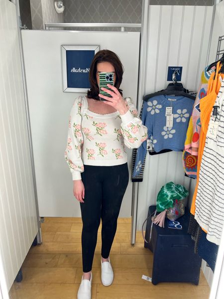 Marshalls Haul - Flower sweater (size small). Black faux leather leggings (size small). White sneakers (size 8.5). #sweater #flowersweater #leggings #fauxleatherleggings #blackleggings #sneakers #whitesneakers #sliponsneakers #springoutfit 
Spring Outfit 

#LTKstyletip #LTKfindsunder100 #LTKSeasonal