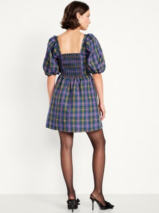 Puff-Sleeve Plaid Fit & Flare Taffeta Mini Dress | Old Navy (US)