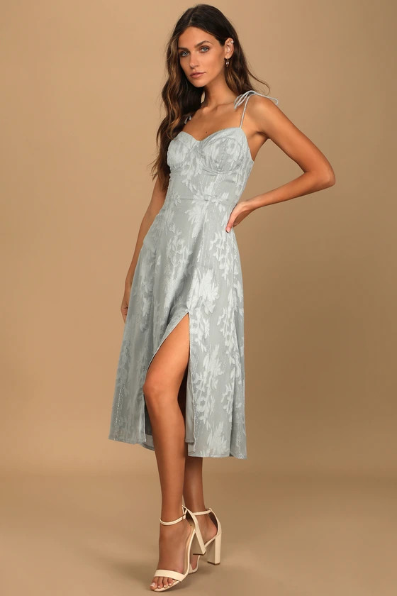 Loveliest Looks Dusty Blue Floral Jacquard Tie-Strap Midi Dress | Lulus (US)
