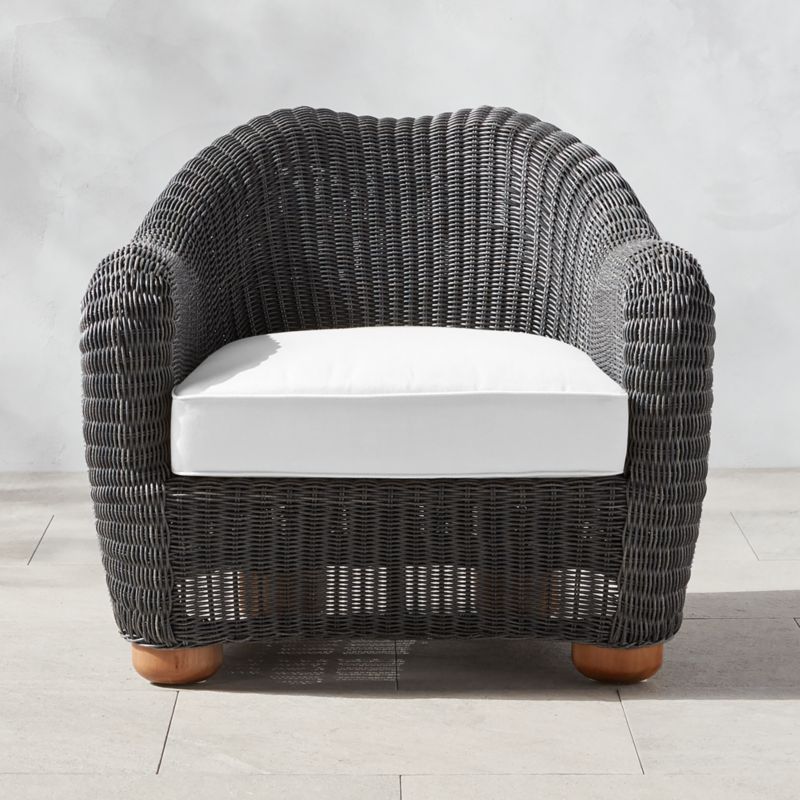 Bacio Charcoal Grey All-Weather Rattan Outdoor Lounge Chair with White Sunbrella Cushions by Ross... | CB2
