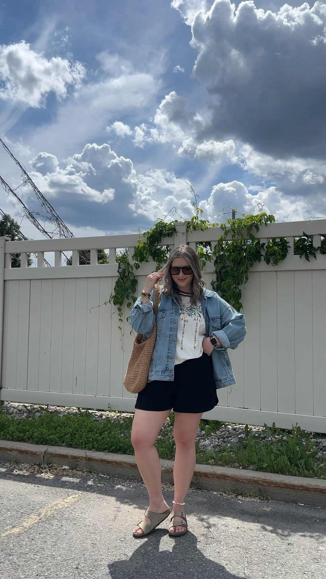 Casual summer outfit! Wearing my usual size L in the graphic tee. Sized up to XL in the denim jacket for an oversized fit. Shorts are from Old Navy last year, linked similar. Birkenstock sandals fit tts

#LTKsummer #LTKmidsize #LTKsale