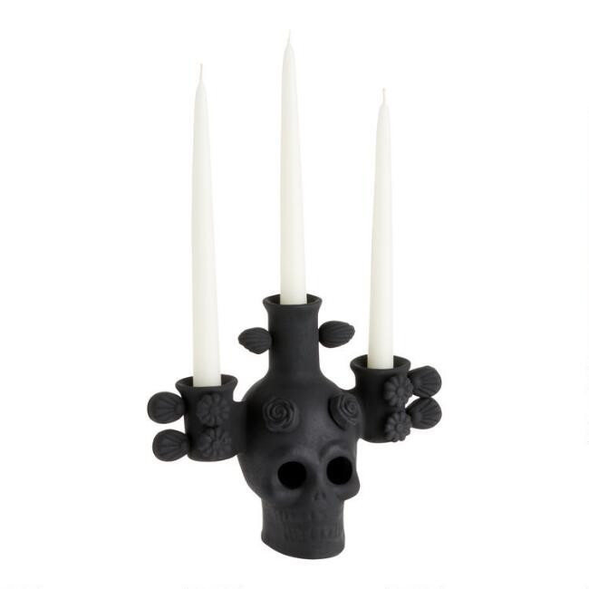 CRAFT Black Terracotta Los Muertos Skull Taper Candle Holder | World Market
