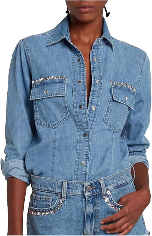 Women's Button Down Denim Shirt Rhinestone Beading Long Sleeve Collared V Neck Jean Tops | Amazon (US)