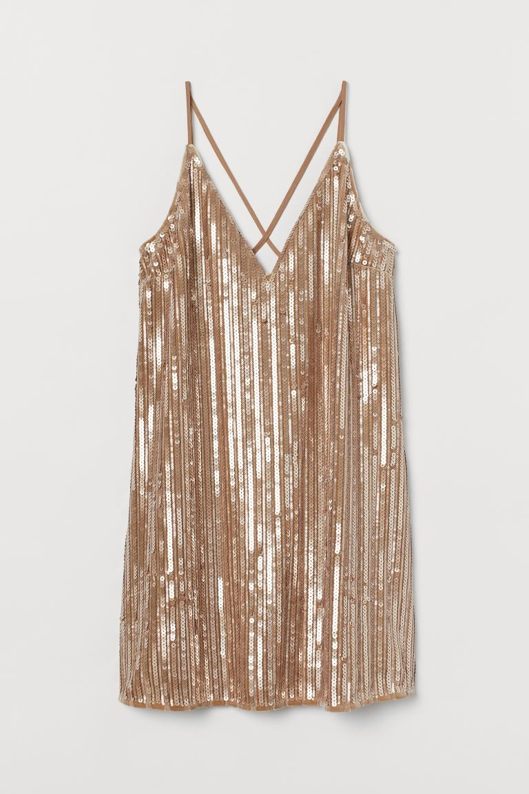 Short, straight-cut dress in sequined velour. V-neck at front and back, narrow shoulder straps cr... | H&M (US + CA)