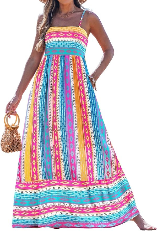 popvil Women Summer Maxi Dress 2026 Spaghetti Strap Long Beach Dress Boho A-Line Flowy Casual Sle... | Amazon (US)