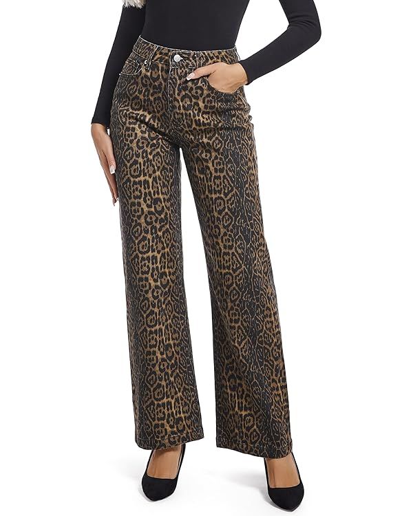 Women's Jeans Straight Leg Casual High Waisted Stretch Trendy Leopard Pull On Jeans for Women | Amazon (US)