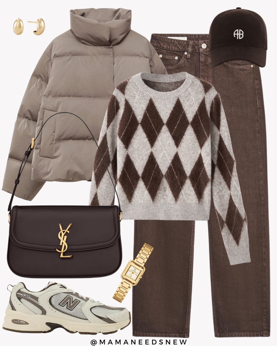 A fall outfit with a puffer jacket, argyle sweater, jeans, baseball cap, shoulder bag & sneakers 

#LTKSaleAlert #LTKStyleTip #LTKItBag