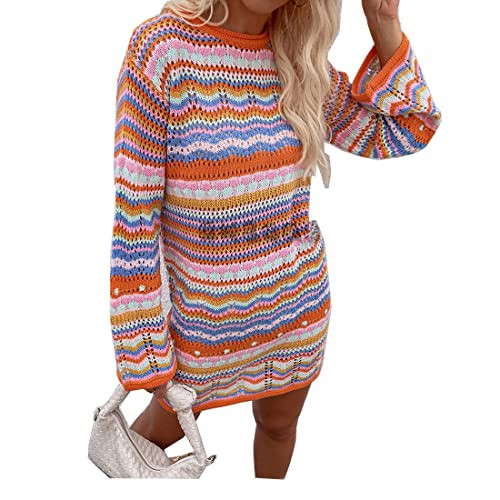 Rainbow Striped Long Sleeve Loose Crochet Striped Hollow Out Mini Casual Sweater Dress Women Sweater | Amazon (US)