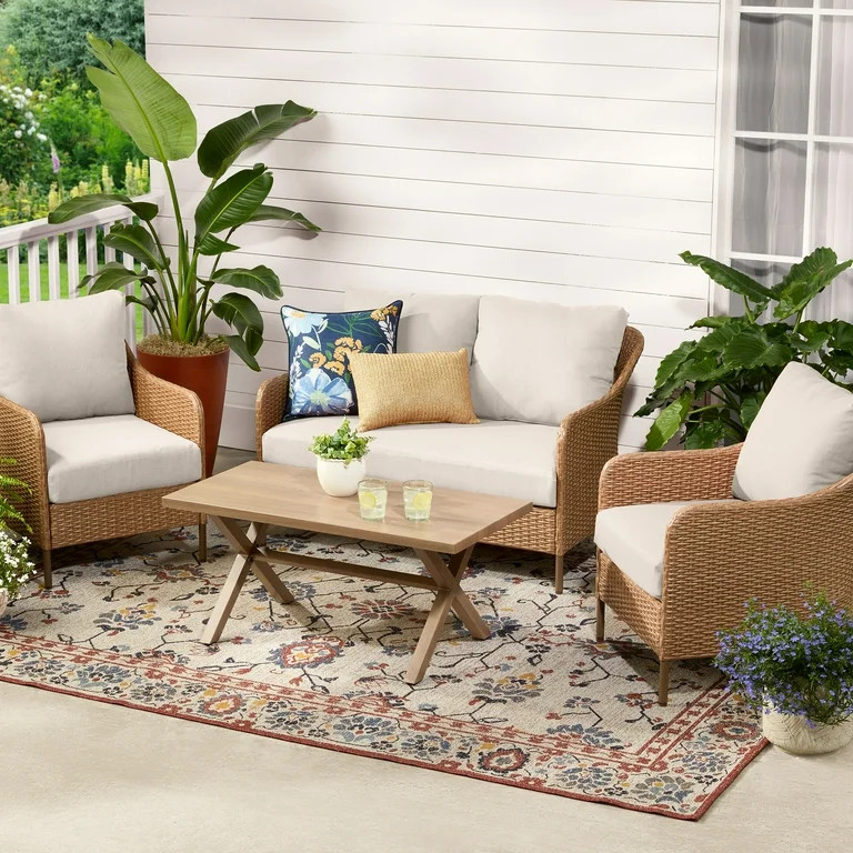Mainstays Chelsea Outdoor Patio Steel 4-Pieces Deeping Seating Set with Beige Cushions | Walmart (US)
