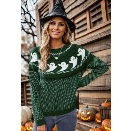Cute Ghost Long Sleeves Knit Sweater in Army Green | Chicwish