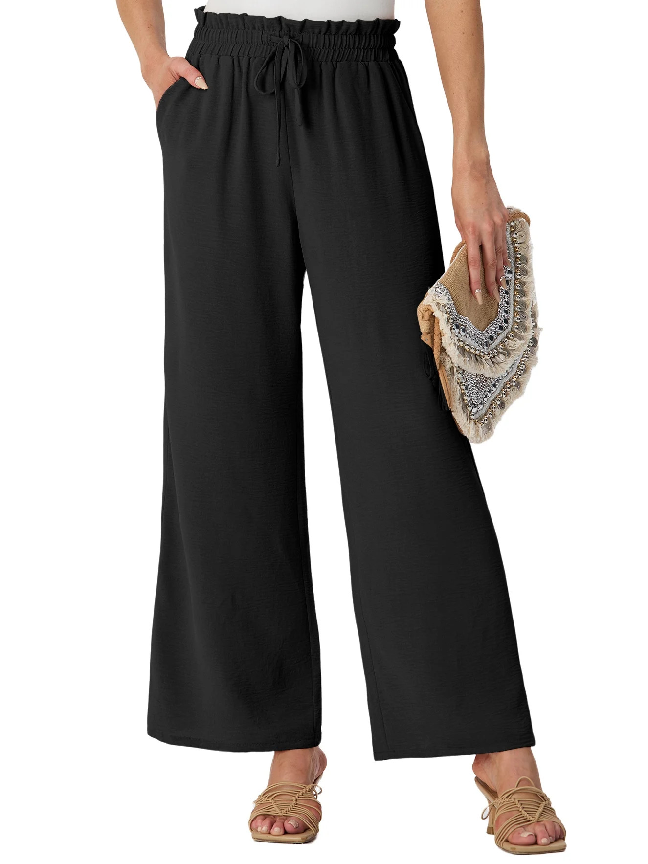 GIRUNS Women's Wide Leg Pants High Waist Adjustable Knot Casual Loose Trousers With Pockets Busin... | Walmart (US)