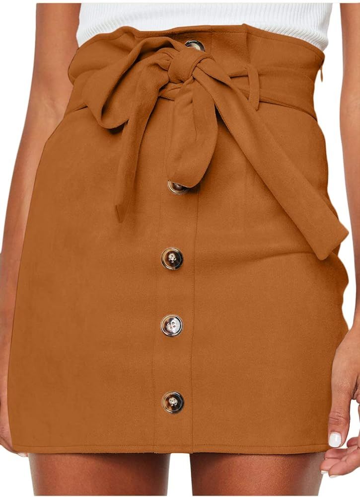 Meyeeka Women's Paperbag High Waist Button Trim Front Belted Faux Suede Mini Skirt | Amazon (US)
