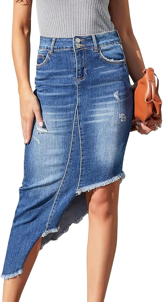 Women's Summer Midi Denim Skirt Sexy High Waisted Irregular Washed Raw Edge Slim Fit Stretch Jean... | Amazon (US)