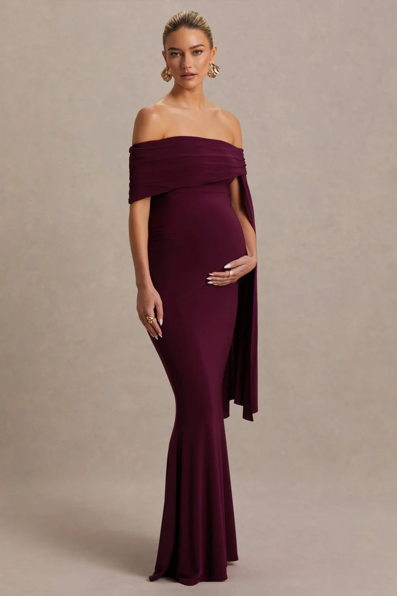 Aquila  Burgundy Bardot Maternity Maxi Dress With Draped Detail | Club L London