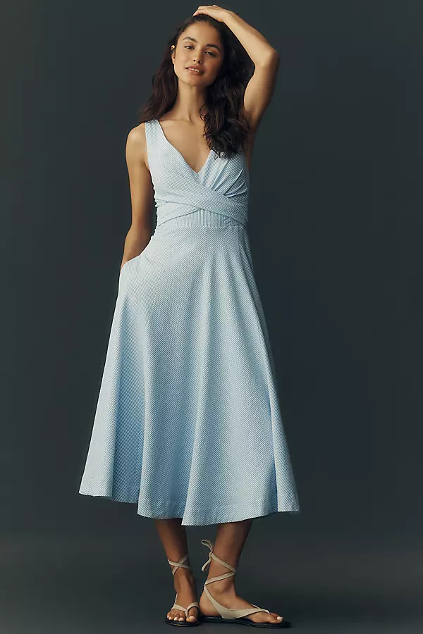 Sleeveless V Neck Seersucker Midi Dress | Anthropologie (US)