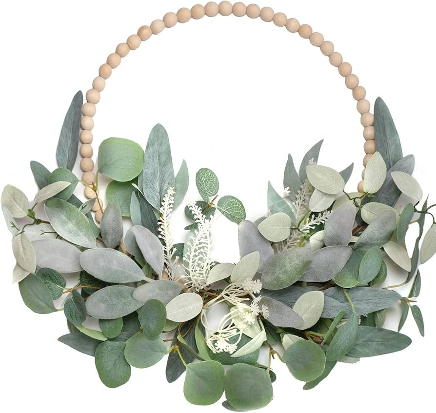 TEMPUS 16" Wood Bead Eucalyptus Leaf Wreath Artificial Green Leaf Wreath Spring Summer Decoration... | Amazon (US)