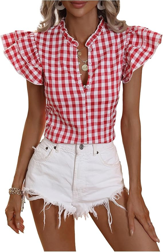 Milumia Women's Casual Plaid Frill V Neck Half Button Layered Flutter Sleeve Blouse | Amazon (US)