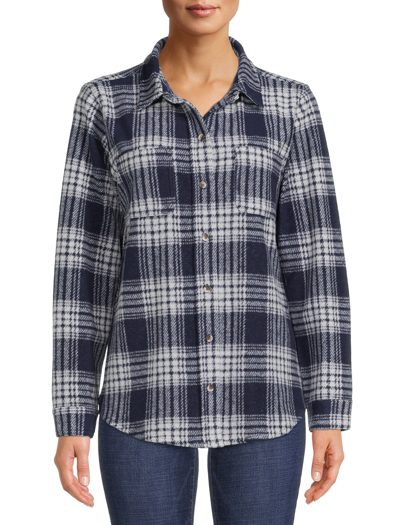 Time and Tru Women's Plaid Button Down Shirt - Walmart.com | Walmart (US)