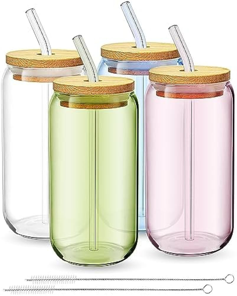 fullstar Glass Cups with Lids and Straws - Drinking Glasses, Glass Tumbler with Straw and Lid, Ic... | Amazon (US)