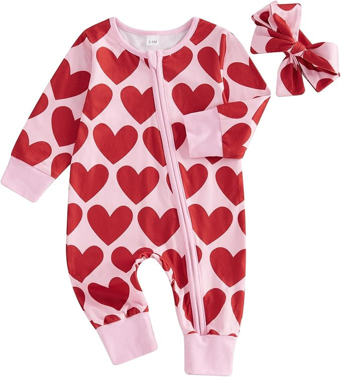 Suolongsama My First Valentines Day Baby Girl Outfit Newborn Long Sleeve Zipper Jumpsuit Heart Ro... | Amazon (US)