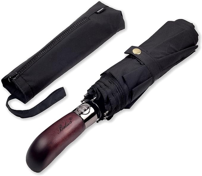 Travel Folding Umbrella with Real Wood Handle Auto Open Close Vented Windproof Canopy - Designed ... | Amazon (US)
