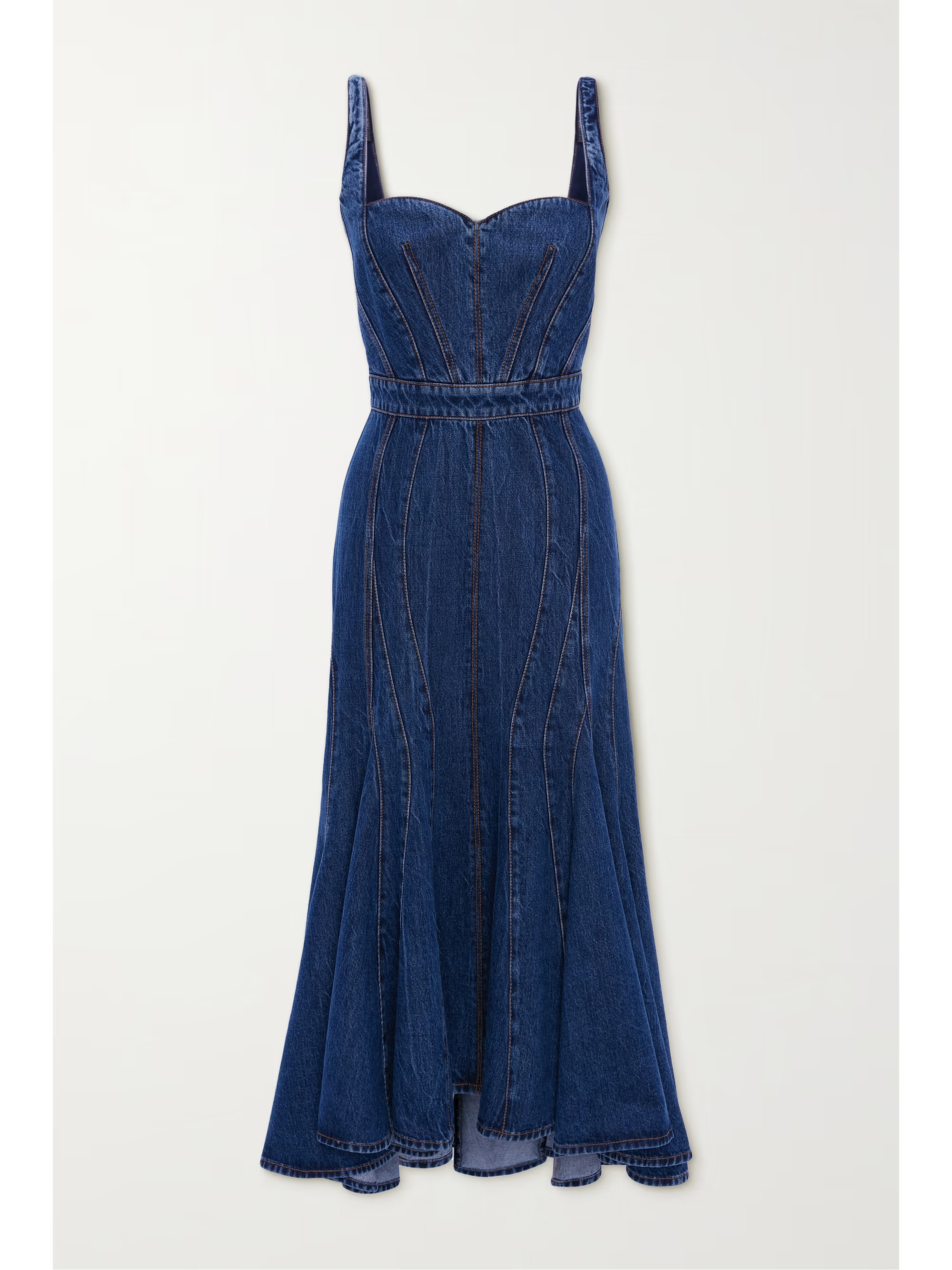 Paneled pleated denim midi dress | NET-A-PORTER (US)