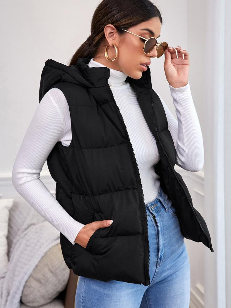 Zipper Up Slant Pocket Hooded Sleeveless Puffer Coat | SHEIN