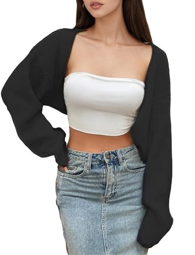 LOFAAC Women Y2K Open Front Rib Knit Shrug Crop Cardigan Solid Drop Shoulder Puff Long Sleeve Sweater Tops (M,US,Women,Black) | Amazon (US)
