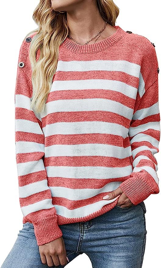 KIRUNDO Fall Winter Women’s Striped Sweater Long Sleeve Crew Neck Comfy Knitted Pullover Jumper... | Amazon (US)