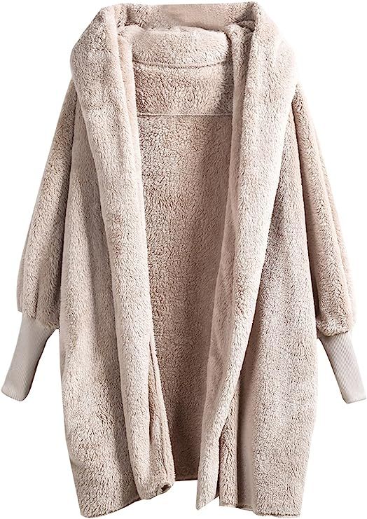 SweatyRocks Women Khaki Hooded Dolman Sleeve Faux Fur Cardigan Coat for Winter | Amazon (US)