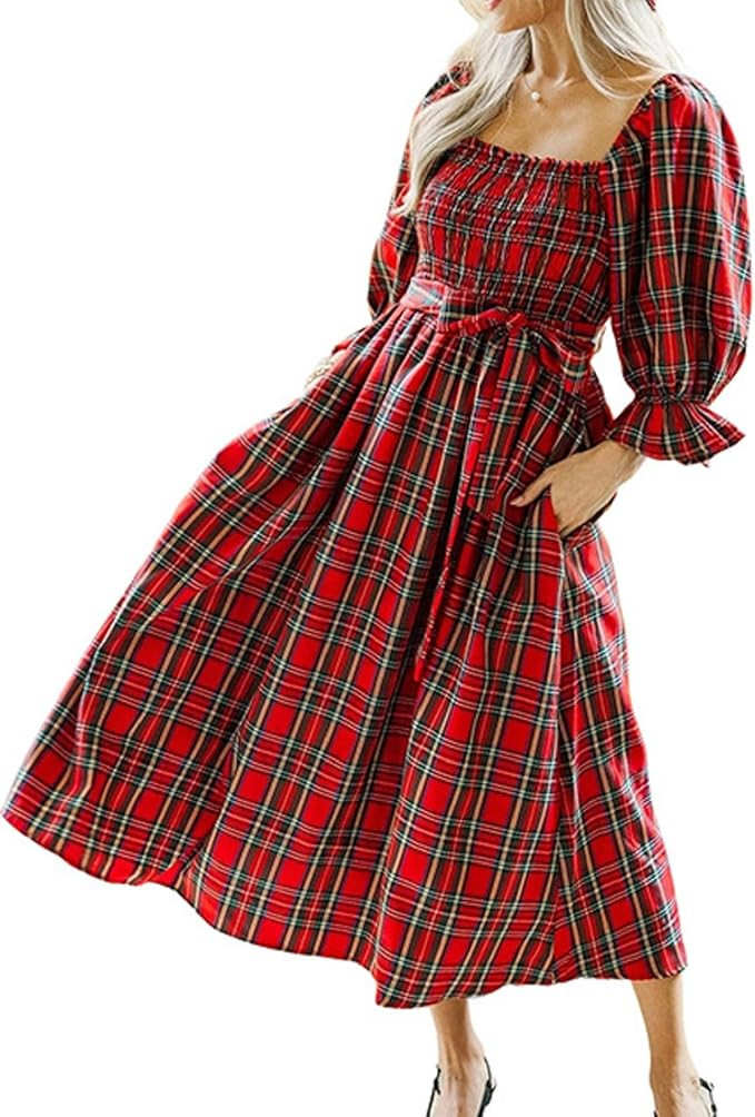 Women Christmas Plaid Maxi Dress Puff Sleeve Smocked Long Flowy Dress Bow Tie Ruffle Gingham Dres... | Amazon (US)