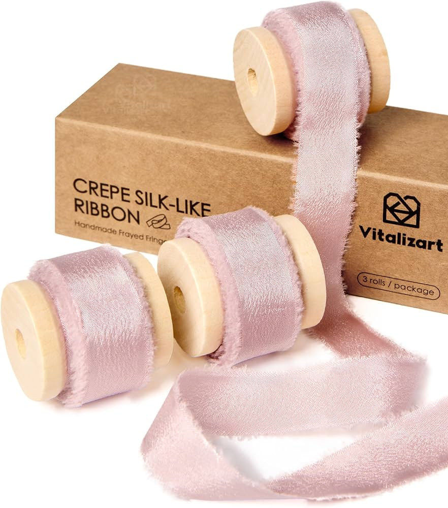 Vitalizart Pink Ribbon Double Face Silky Satin Ribbon 5/8" Crepe Silk Like Handmade Frayed Fringe... | Amazon (US)