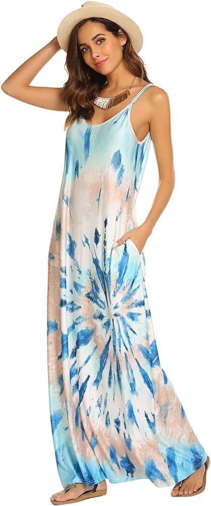 Women's Summer Casual Floral Printed Bohemian Spaghetti Strap Floral Long Maxi Dress with Pockets | Amazon (US)