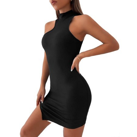Sexy Solid Asymmetrical Neck Bodycon Dress Sleeveless Black (Women s Dresses) | Walmart (US)