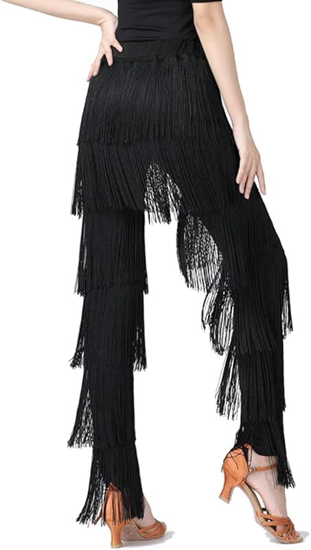 ZBH1985 Women's Latin Dance Pants Tassel Ballroom Dance Professional Black Adult Fringe Rumba Tan... | Amazon (US)