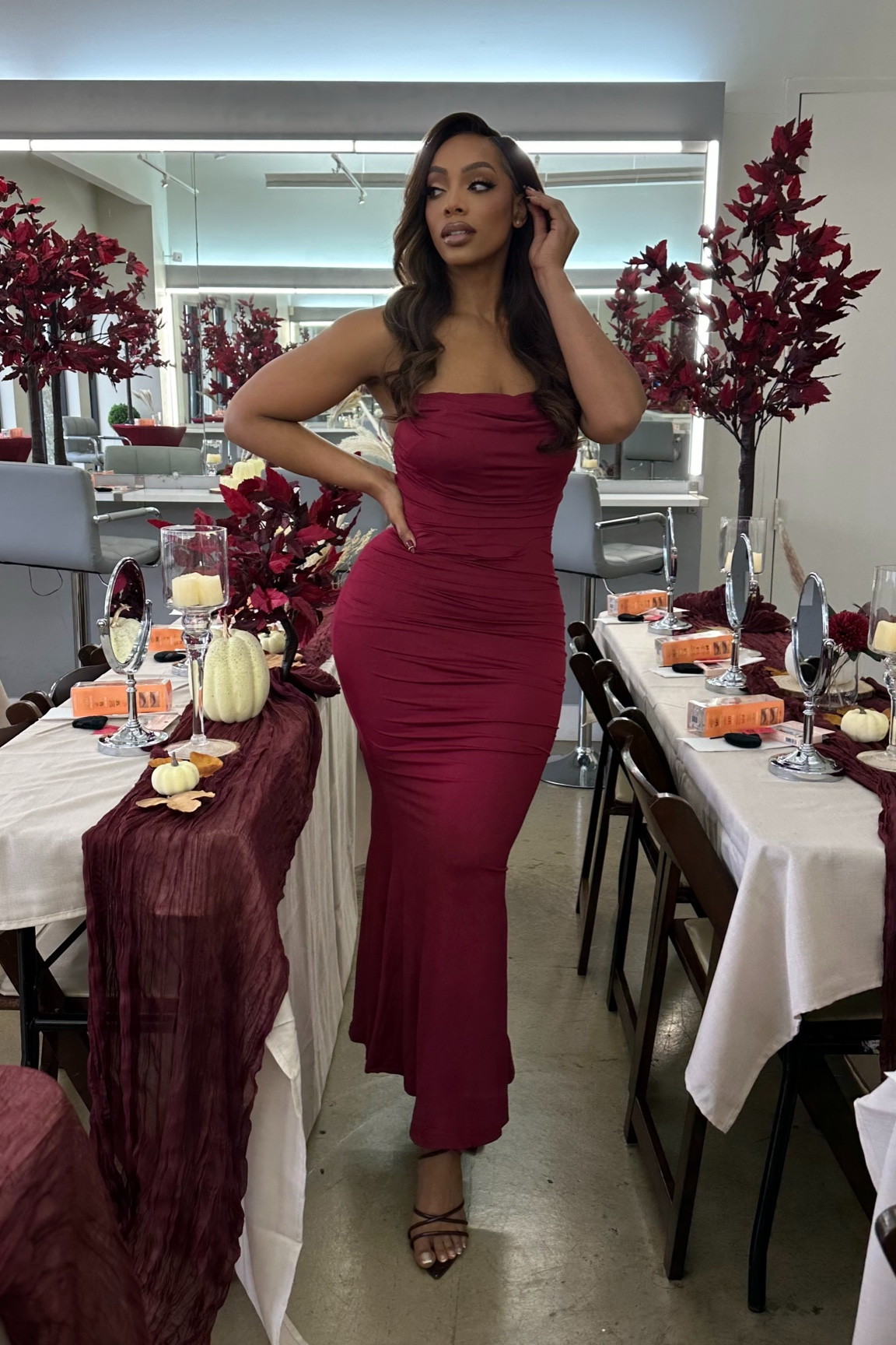 Chic and sophisticated vibes for Friendsgiving! 🍂✨ This burgundy bodycon dress from EYNMIN is perfect for a fall night out or hosting in style. Shop the look now! #FriendsgivingFashion #LTKStyle #FallGlam