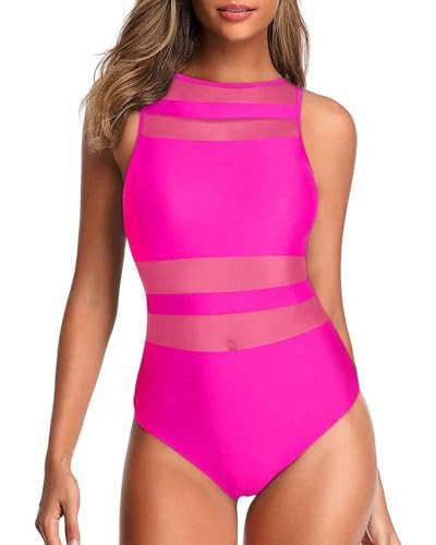 Holipick Women Hot Pink High Neck One Piece Swimsuits Mesh Bathing Suits Open Back Slimming Swimwear for Teen Girls L | Amazon (US)
