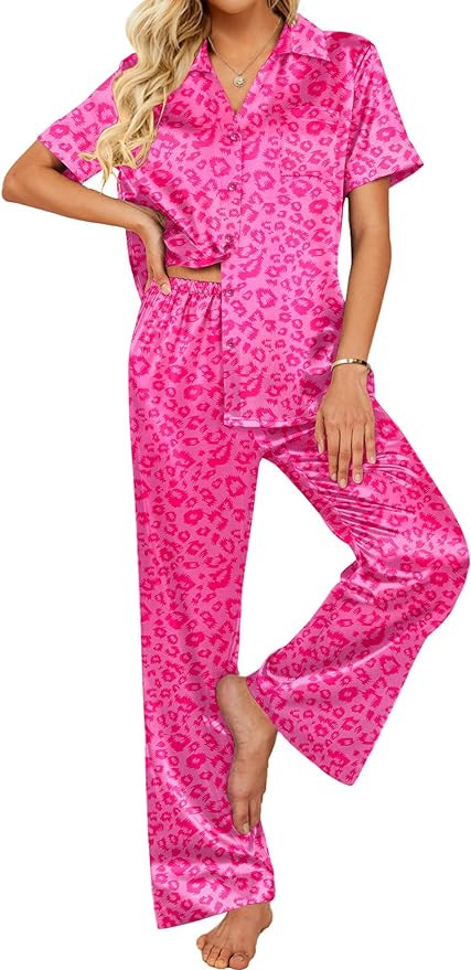 Ekouaer Womens Silk Satin Pajama Sets 2 Piece Pjs Button Down Sleepwear Wide Leg Long Pants Loung... | Amazon (US)