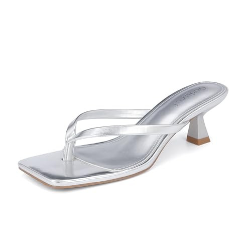 Goderci Kitten Flip Flop Thong Low Heels for Women Square Open Toe Slip On Heeled Sandals(8,Sliver) | Amazon (US)