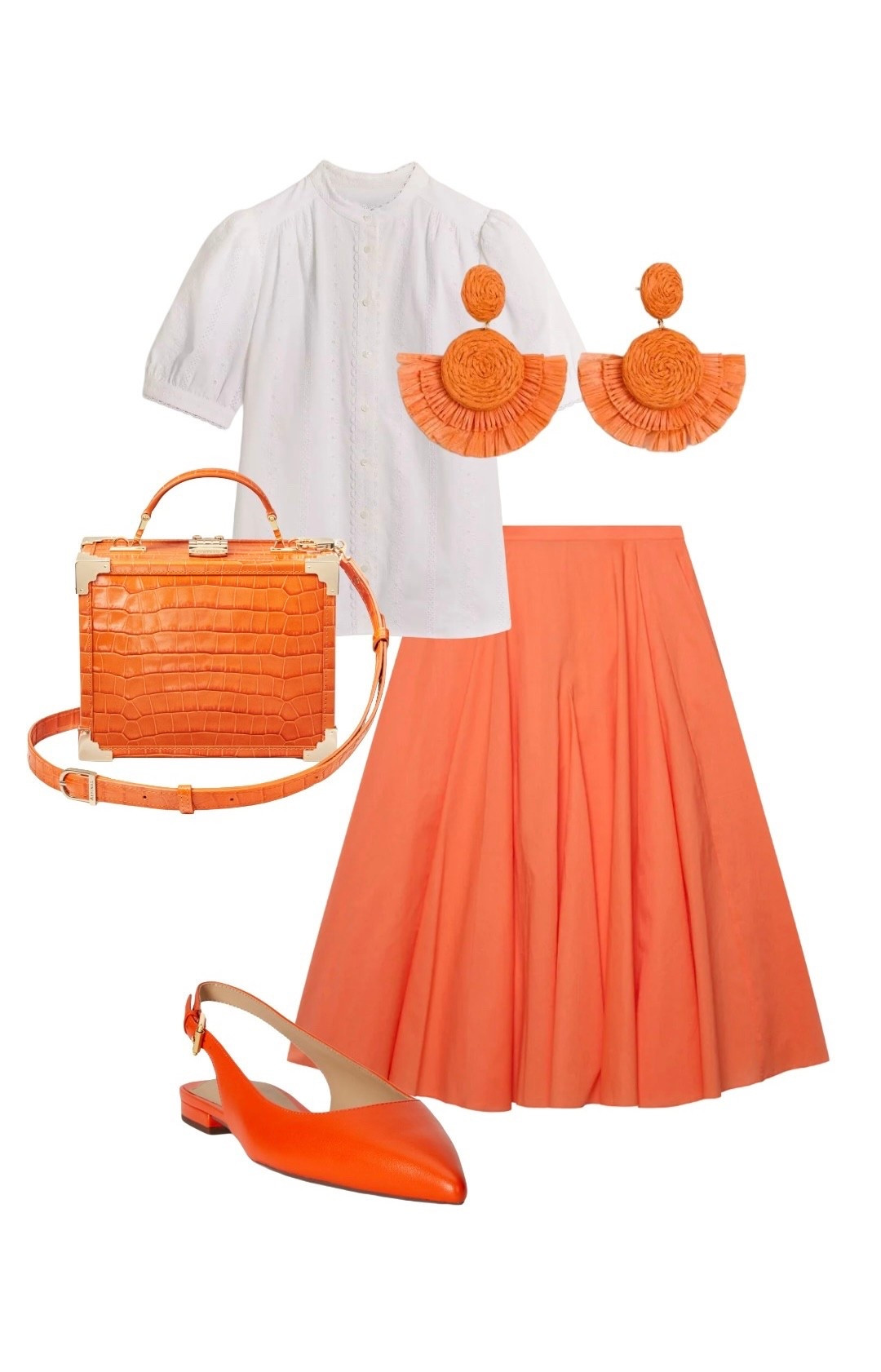 This shade of orange looks fantastic with white - it also means you can really go crazy with orange accessories when you have the clean crisp white shirt to break it up. This is a confident daytime look you can wear to a glamorous holiday destination or even to work on a hot summer’s day 🍊 

White Embroidered ‘Sawyer’ Short Sleeve Cotton Blouse - Hobbs London from John Lewis

Orange Cotton Full Midi Skirt - Mint Velvet 

Orange Raffia Fan Earrings - Phase Eight

Orange Londyn Nappa Leather Slingback Flats - Ralph Lauren

Orange Marmalade Croc Leather Trunk Bag - Aspinal of London (only a few remaining!) 

#LTKuk #LTKluxury #LTKeurope