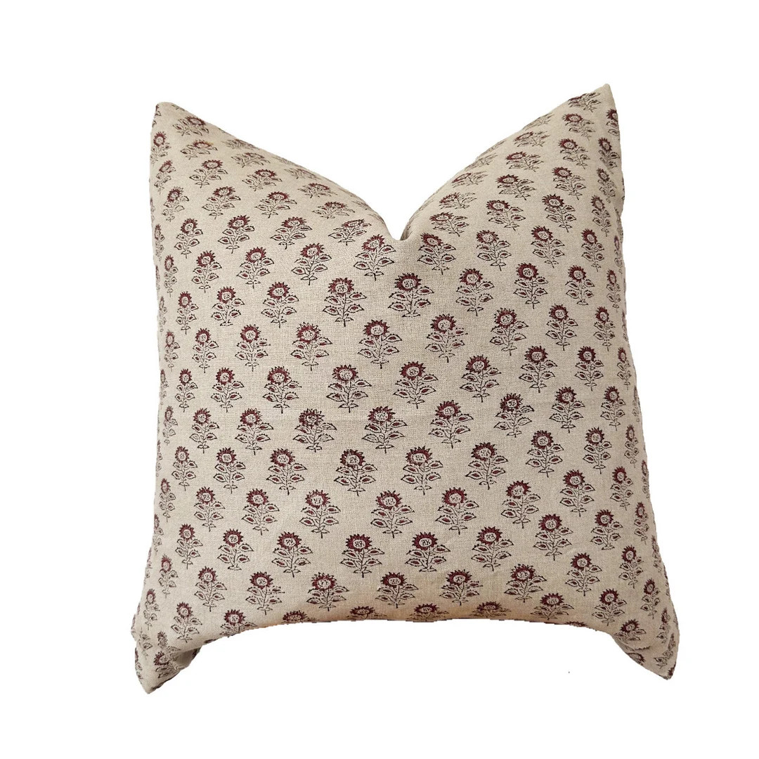 Block Print Pillow Red Floral and Natural Linen Pillow - Etsy | Etsy (US)