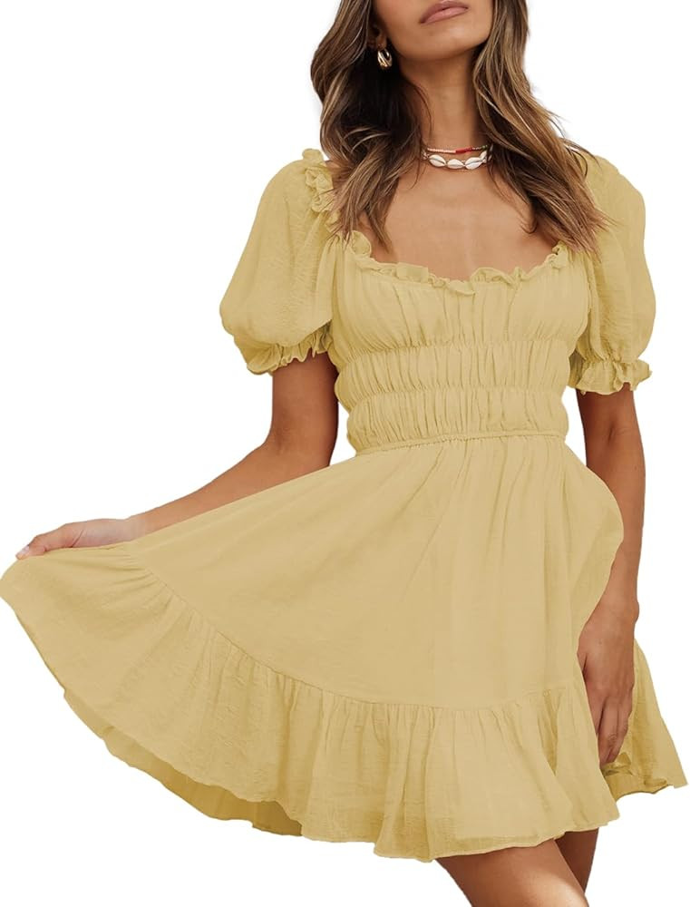 Women's Square Neck Puff Sleeve Mini Dresses Ruffle Elastic Waist A-Line Elegant Summer Casual Fl... | Amazon (US)
