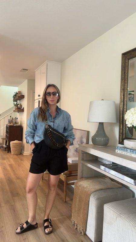 Current easy picot idea chambray shirt black shorts and Birkenstocks perfect for errands and mom life outfit idea 