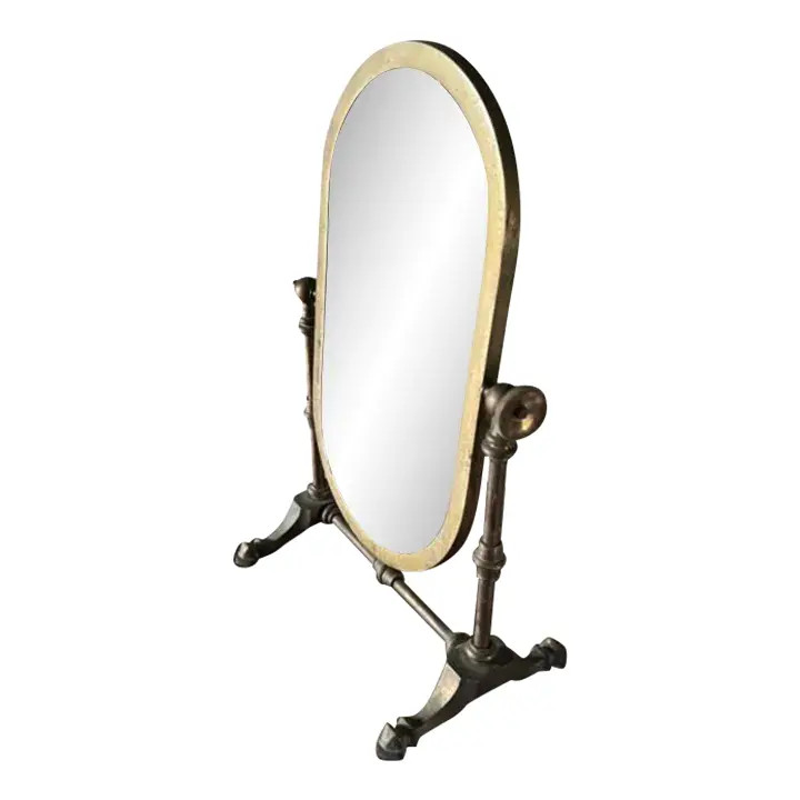 Vintage Brass Tabletop Floor-Style Mirror Oval With Legs Shaving Vanity Tilting | Chairish