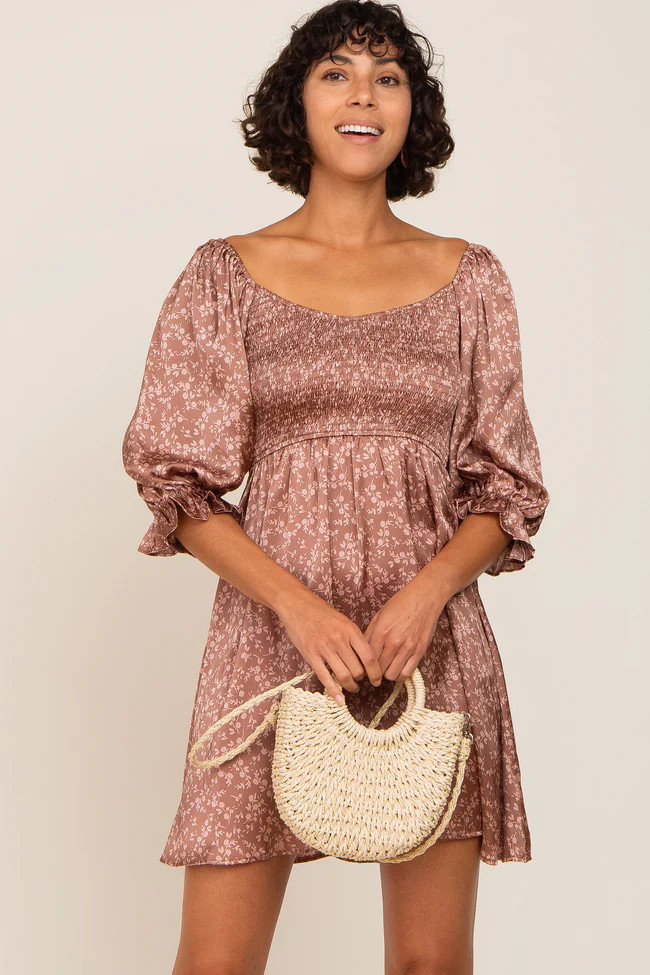 Mocha Floral Satin Smocked Dress | PinkBlush Maternity