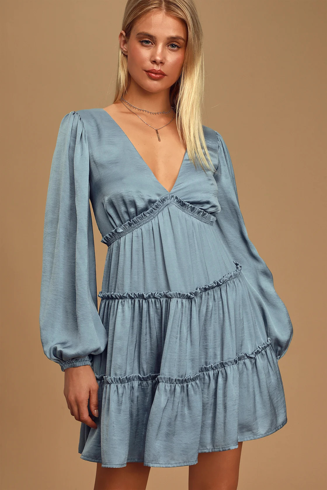 Moonstruck Slate Blue Satin Tiered Long Sleeve Mini Dress | Lulus