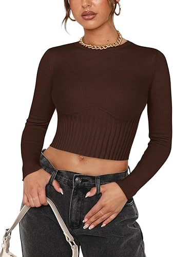 REORIA Women's Trendy Fall Crew Neck Cropped Sweater Long Sleeve Ribbed Knit Pullover Basic Crop ... | Amazon (US)