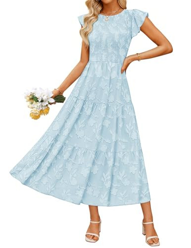 ZESICA Women's Summer Boho Floral Midi Dress 2026 Casual Flutter Short Sleeve Crewneck Smocked Flowy Beach Long Dresses Blue Medium | Amazon (US)