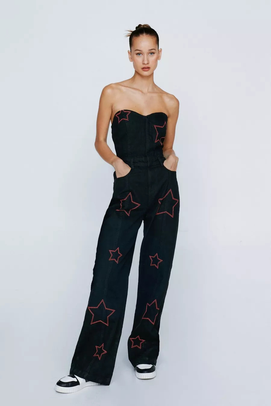 Petite Embroidered Star Twill Wide Leg Jumpsuit | Nasty Gal (US)